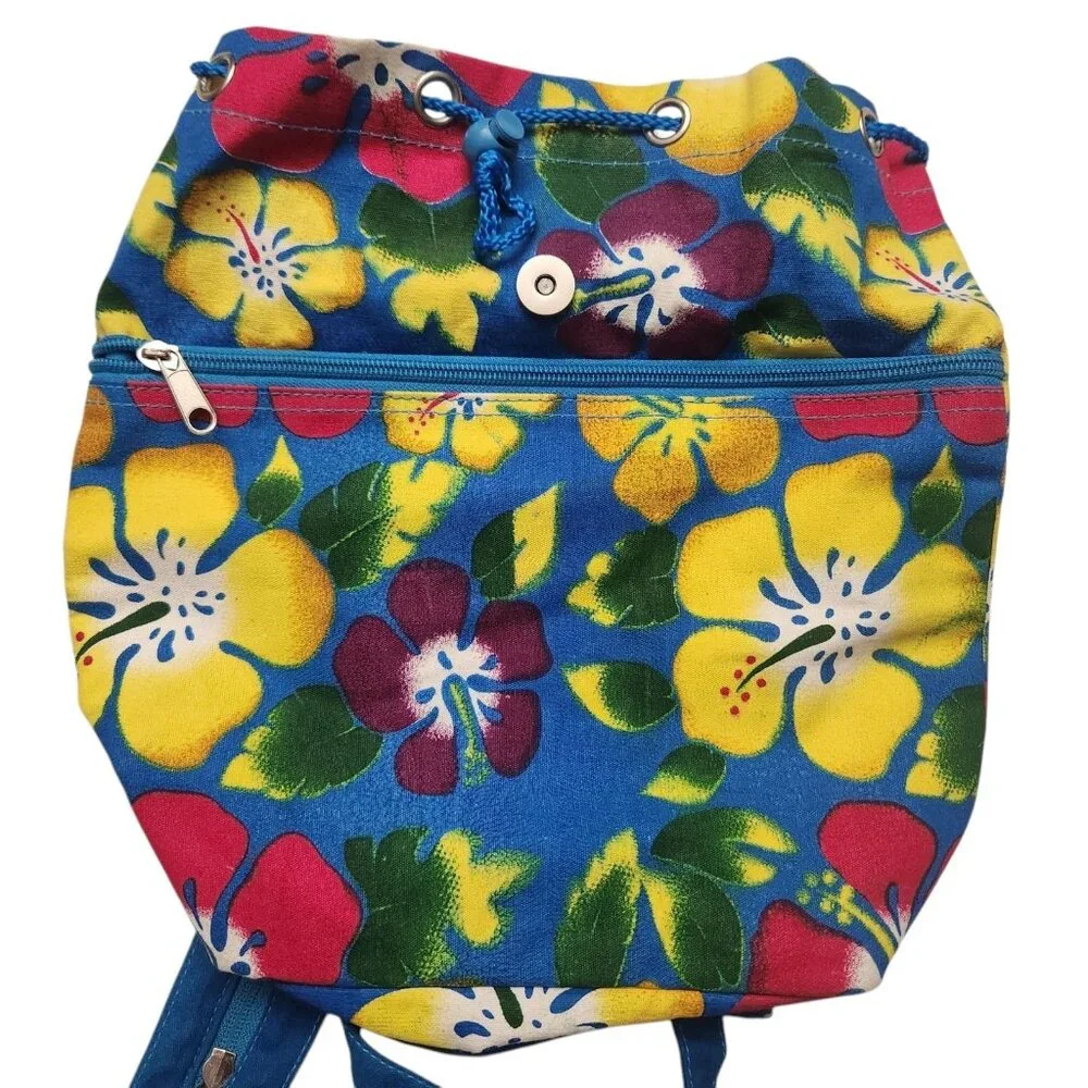 Backpack Purse Hibiscus Hawaiian Flower Print Boho Drawstring Adjustable Strap